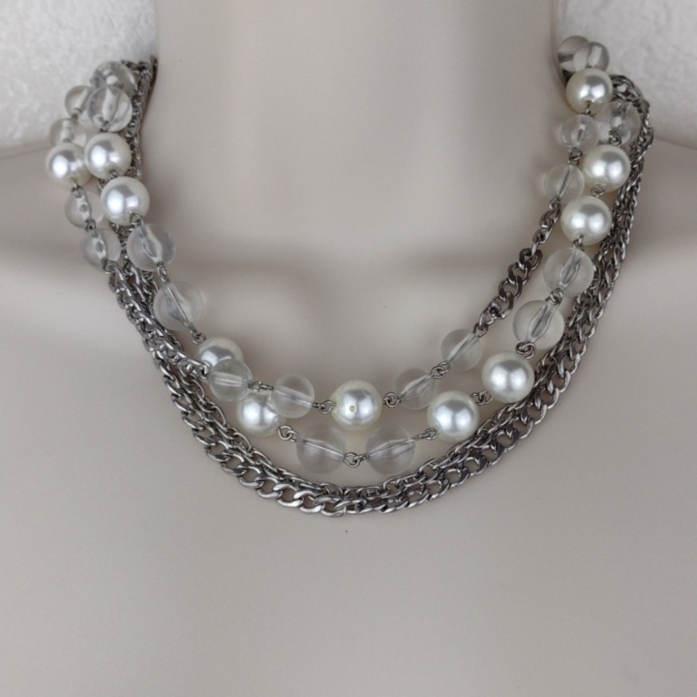 Very Vintage Multi-Strand Silver Chain Pearl & Crystal Layered Design Necklace